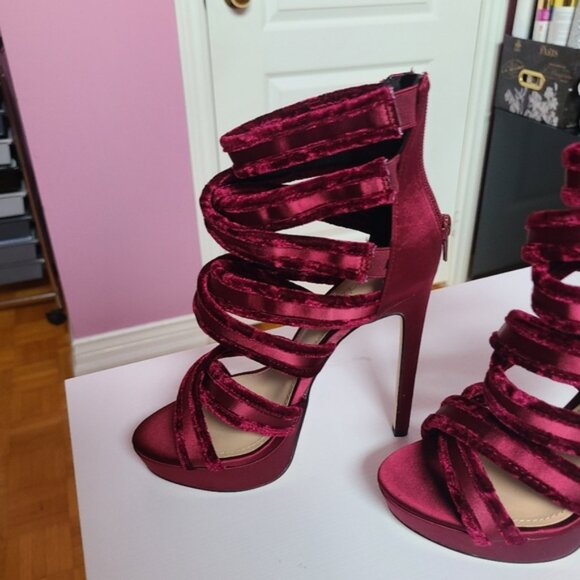 Festive Burgundy Strappy Suede Velvet Platform Stiletto Heels JustFab - Picture 4 of 11